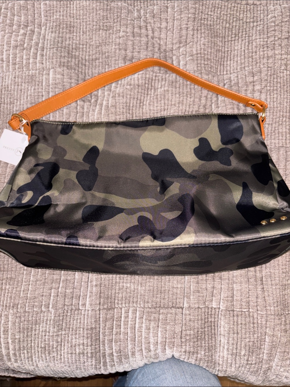 Camouflage Shoulder Bag with Tan Leather Strap